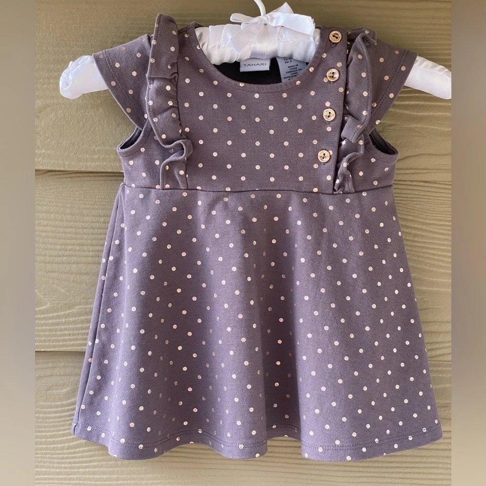 Tahari Girls Gray Gold Polka Dot Dress Size 3T